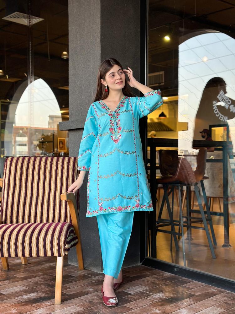 2 Pcs Women's Stitched Cotton Embroidered Shirt And Trouser